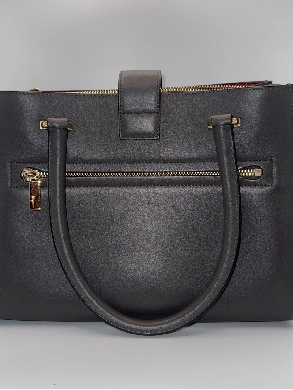 Salvatore Ferragamo Juliet Grey Leather Red Interior with Gold Hardware